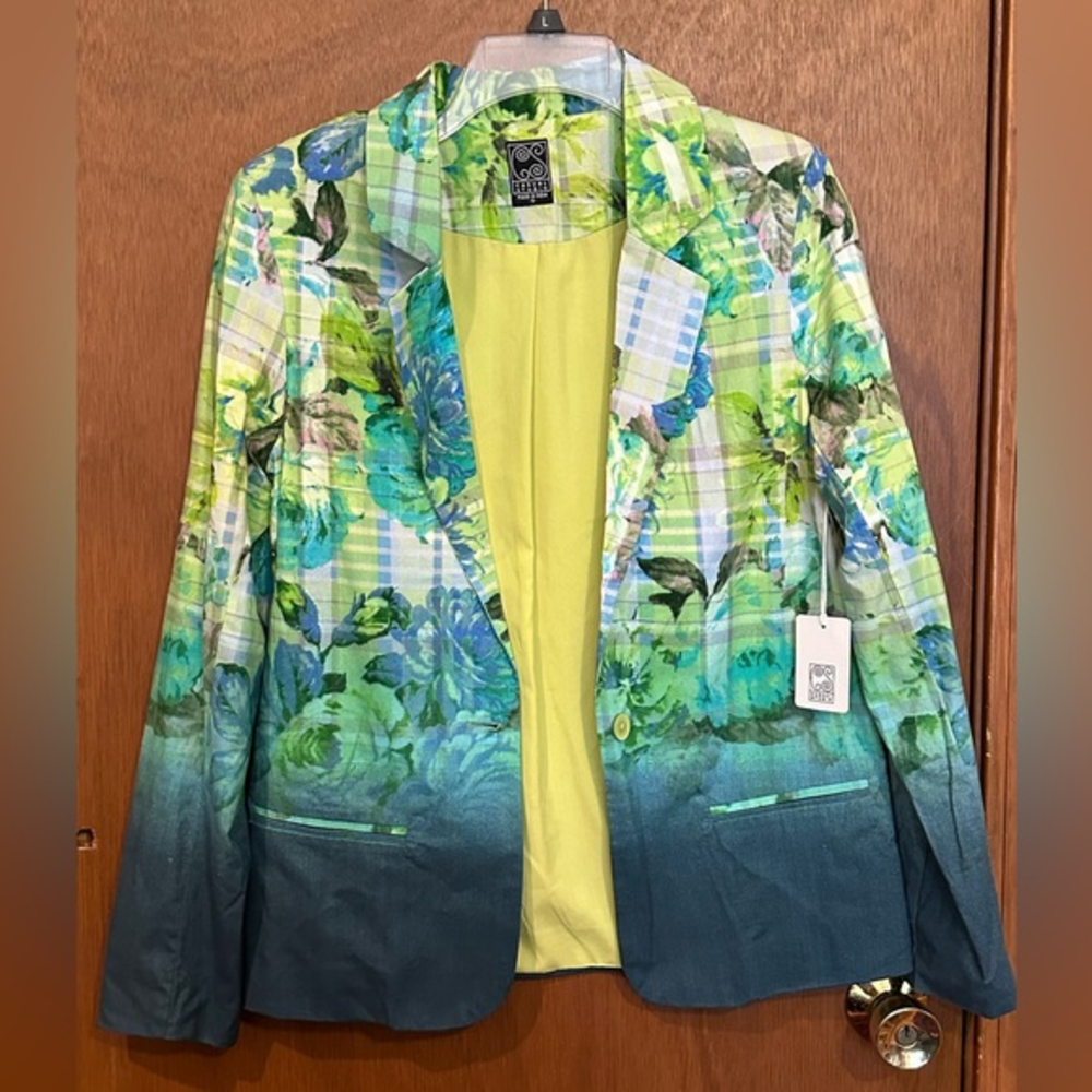 NWT Casual Studio Jacket‎ Women Small Green Blue Blazer Coat Floral Art Colorful